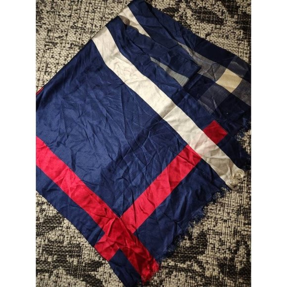 Vintage Bullock's Wilshire Navy Red White Stripes Silk Neck Scarf Wrap Frayed He - Picture 1 of 4